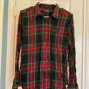 Lauren Ralph Lauren Monogrammed Flannel PJ Button Down Top Large